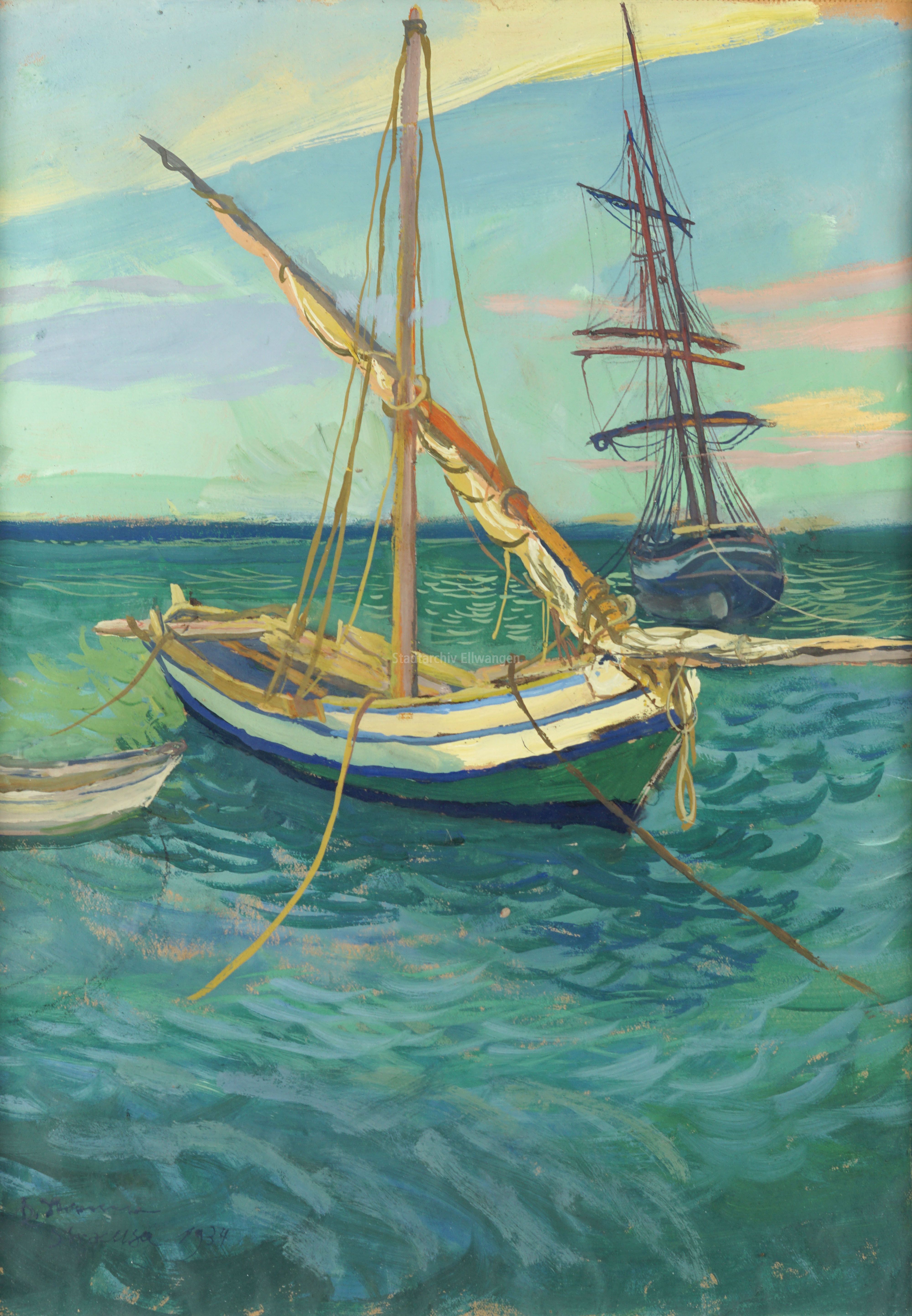 Karl Stirner: Segelschiffe im Hafen von Syrakus, 1934