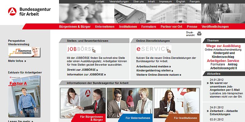 Screenshot Startseite Homepage Arbeitsagentur